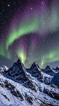 A Mesmerizing Display of Aurora Borealis Illuminating Majestic Snow-Covered Mountains Under a Night Sky Full of Stars Captured in Stunning Detail
