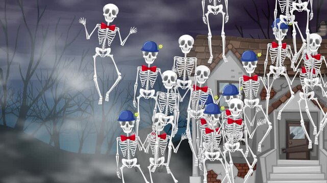 Cartoon Skeletons Dancing in Front of Haunted House at Night