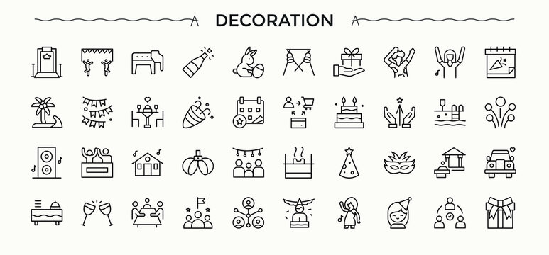 Decoration linear icon set. Web icons pack. Editable vector art and illustration. House Decoration icon set. Contains outline symbols like art and design, home, interior, desing, art and more.
