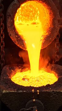 Molten Metal Pouring Process: Captivating Visuals of Hot Liquid Metal Flowing into a Mold and Bubbling in a Crucible
