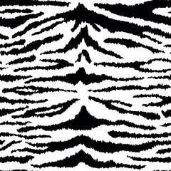 Obraz premium Tiger black white leather seamless pattern. Vector wild animal skin detailed texture, black striped fur print on white background. Abstract jungle safari texture for fabric, decor, fashion, textile.