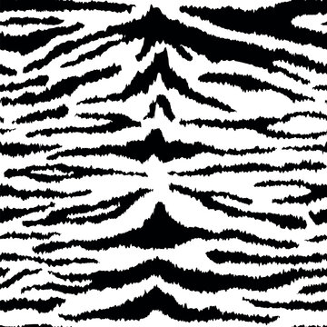 Tiger black white leather seamless pattern. Vector wild animal skin detailed texture, black striped fur print on white background. Abstract jungle safari texture for fabric, decor, fashion, textile.