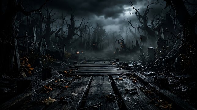Eerie graveyard scene with old wooden bridge and misty haunted forest background.