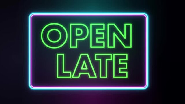 Glowing Neon Open Late Sign with Green and Blue Light Effects