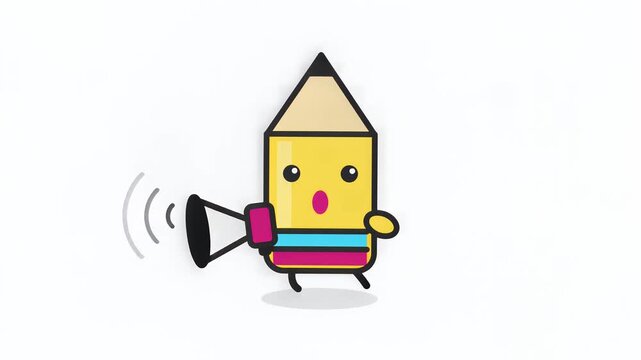 Animated pencil character with colorful stripes holding a megaphone, broadcasting a message, isolated on white background, symbolizing communication, announcements, and creative expression