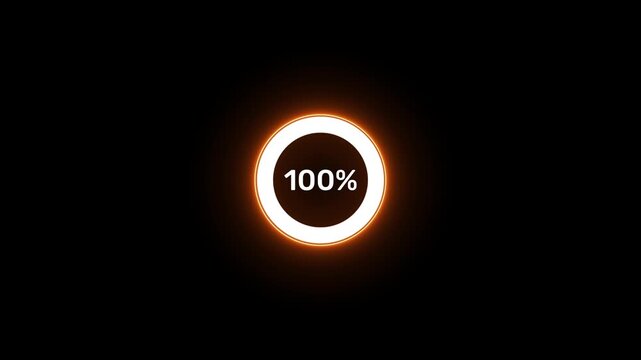 Complete 100 percent loading represented by a bright blue neon circular progress bar on black percentage Motion graphic 4k animation video.