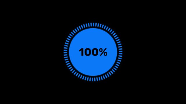 Work finishing blue dashed circle percent loading animation. Payment processing animated percentage progress indicator for light theme.