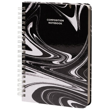 A composition notebook with marbled black-and-white cover, transparent background
