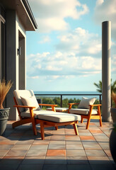 Obraz premium Outdoor patio with modern wooden lounge chairs and ottoman overlooking a serene ocean view under a blue sky, Bright blue sky with scattered clouds, a pleasant day for leisure