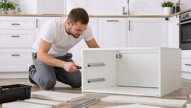 Man assembling white kitchen cabinet on wooden floor. Caucasian male handyman using screwdriver to install drawer slides during home improvement DIY project