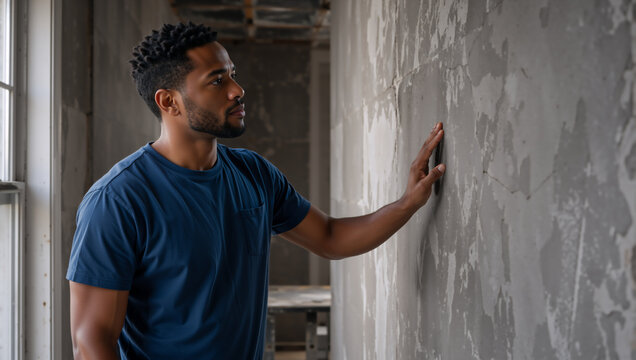 Black man inspecting an unfinished concrete wall in a room under construction. African American male homeowner touching rough plaster surface during home renovation project