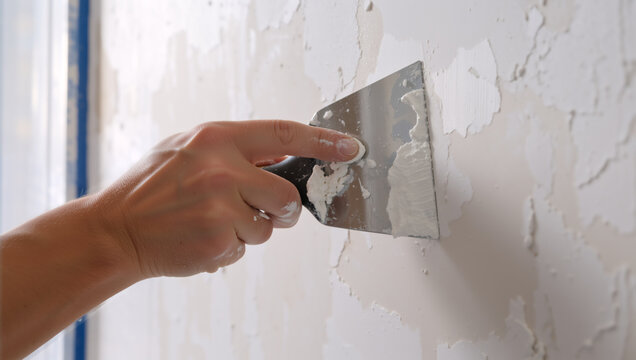 Close up of hand applying white plaster to damaged wall with metal putty knife. Person patching cracks and smoothing spackle during home renovation and repair