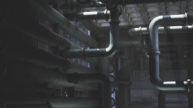 Dark industrial pipe corridor with intersecting pipelines, dim overhead lighting, cold concrete walls lined with insulated ducts, dripping joints and scattered