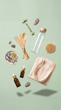 Floating zero waste beauty and lifestyle products on light green background, eco friendly natural skin care and sustainable daily life, top view flat lay composition