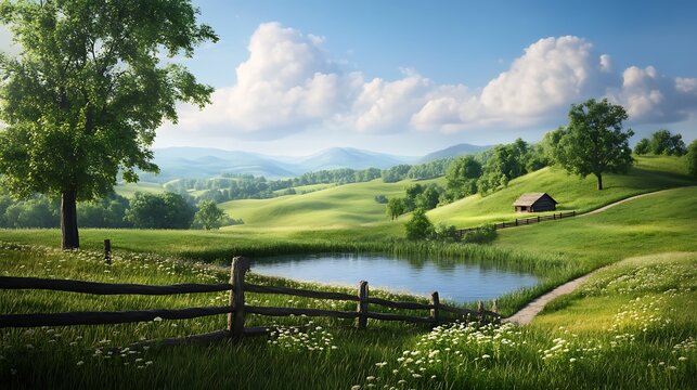 Idyllic rural landscape with pond, wooden fence, and small cabin on gently rolling hills under a sunny sky.