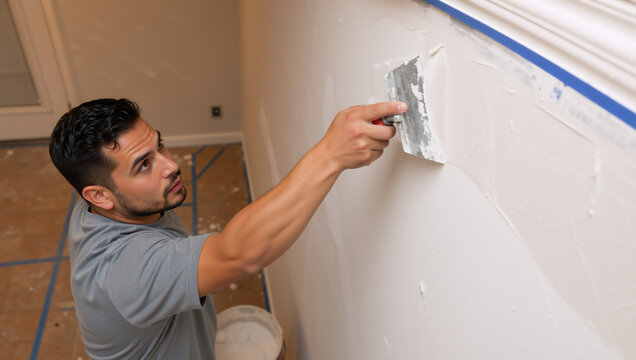 Male contractor applying joint compound to drywall with a putty knife. Worker smoothing plaster on interior wall during home renovation and remodeling project