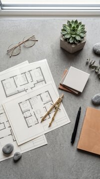 Top view of architectural floor plans and drafting tools on a concrete desk, interior design planning and professional engineering project, modern workspace flat lay