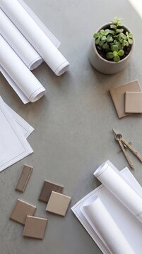 Top view of rolled architectural blueprints and neutral tile samples on a concrete desk, interior design planning and home renovation project concept, modern creative workspace
