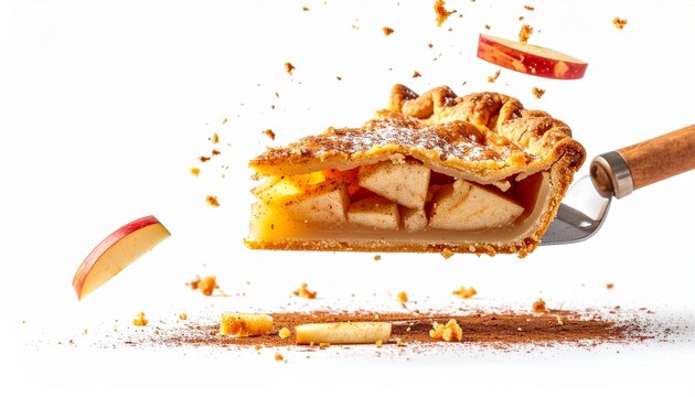 Delicious homemade apple pie slice flying through the air with falling cinnamon and fresh apple pieces on a clean white background