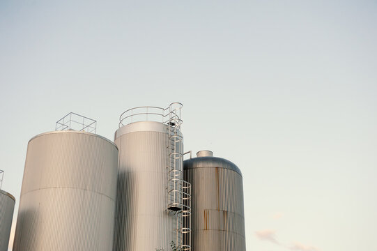 Industrial steel silos dominate skyline