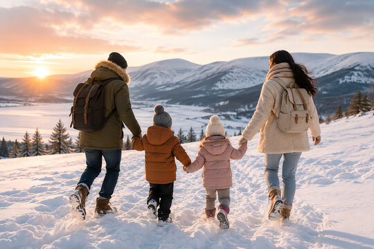 Family walks through a snowy mountain landscape at sunset, sharing joyful winter adventure and meaningful togetherness.