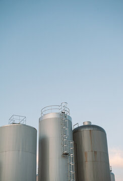 Industrial steel silos dominate skyline