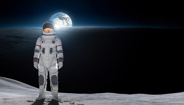 月面に立つ宇宙飛行士と地球の夜明け 背景素材 