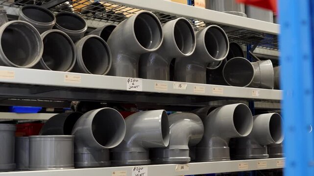 PVC pipe fittings and drainage connectors stored on industrial warehouse shelves. Various gray plastic elbows and couplings for plumbing, irrigation and construction organized in a supply depot.