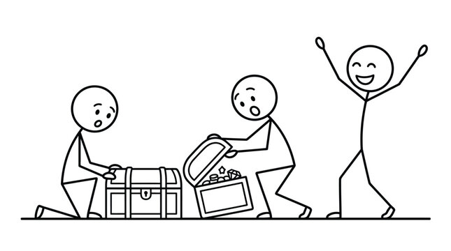 Happy stick figure people finding hidden treasure in wooden chests
