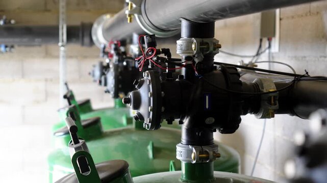 Irrigation filtration manifold with valves and control equipment connected to main in-flow and outflow piping in brick building