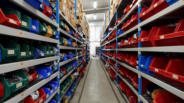 Industrial warehouse shelves filled with organized plastic storage bins. Spare parts, components, and hardware supplies stored in a tidy depot for irrigation, plumbing, and construction trade.