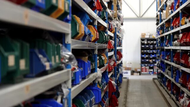 Warehouse aisle stocked with irrigation fittings and plumbing components on shelves, color coordinated and labeled plastic bin tubs