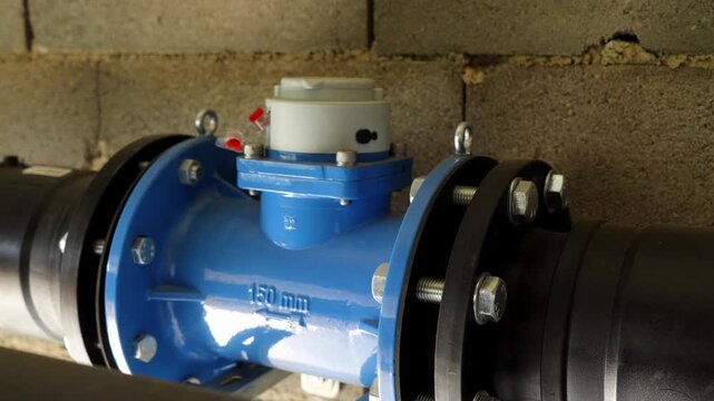 Blue industrial water meter installed on large irrigation pipeline indoors, 150mm spacing size