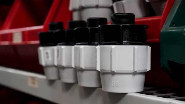 Close-up details of plastic plumbing fittings for irrigation systems on warehouse shelf