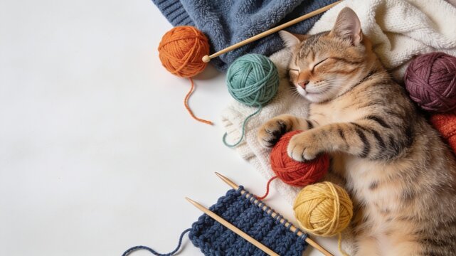 Adorable tabby cat sleeping peacefully while hugging a red yarn ball surrounded by colorful wool balls and knitting needles. Cat playing with yarn ball theme for Domestic Animal Day.
