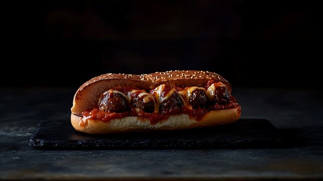 Meatball sub sandwich on dark background.