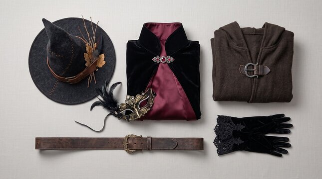 Gothic Witch and Vampire Costume Flat Lay with Pointed Hat Hooded Cloak Velvet Garment Mask Leather Belt and Gloves