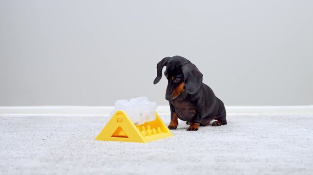 A black and tan dachshund dog uses its paw and nose to work a yellow pyramid brain teaser feeder on a soft carpet, a concept of canine mental enrichment and boredom relief indoors.