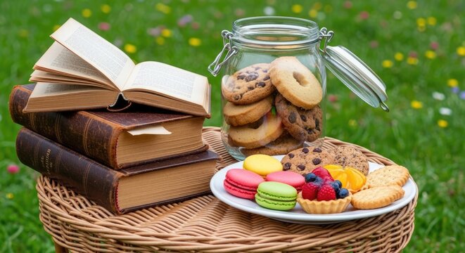 outdoor picnic with books and sweet treats