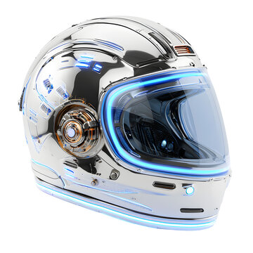 futuristic, helmet, motorcycle, chrome, metal, glowing, blue, neon, lights, mechanical, engine, white, background, modern, professional, tech, sci-fi, equipment, gear.