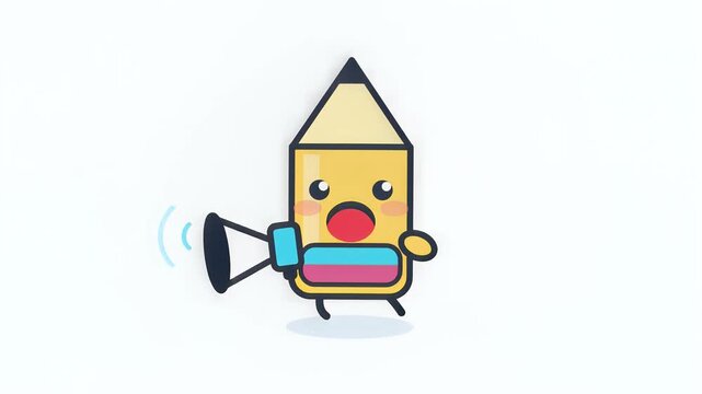 Animated pencil character with megaphone speaking, vibrant colors, white background, symbolizing communication, announcements, and modern advertising