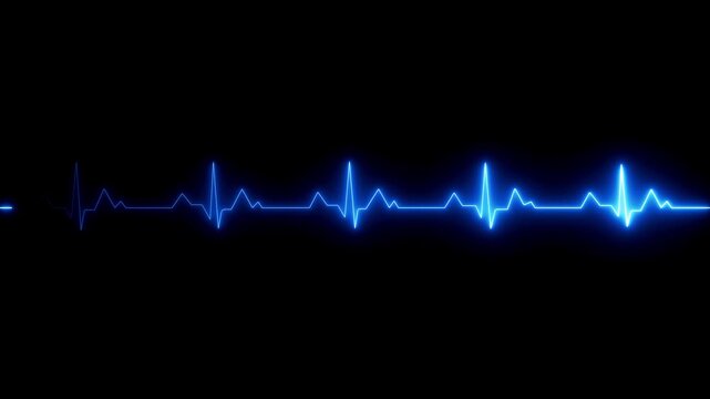 Blue-colored neon ecg heartbeat line o neon pulse on black background futuristic health technology concept.