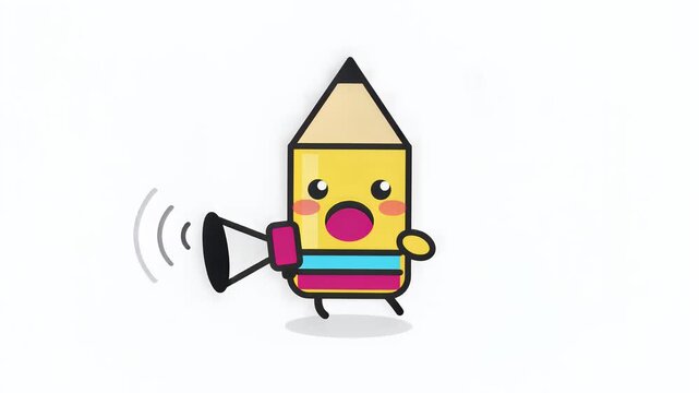 Animated pencil character with colorful stripes holding a megaphone, emitting sound waves, isolated on white background, symbolizing communication, announcements, and creative expression
