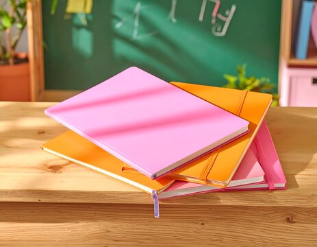 Stack of colorful notebooks on a wooden school desk.