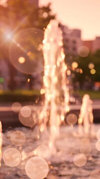 A Serene Water Fountain Surrounded by Golden Sunlight and Soft Bokeh in a Tranquil Outdoor Setting, Capturing the Essence of Relaxation and Nature's Beauty