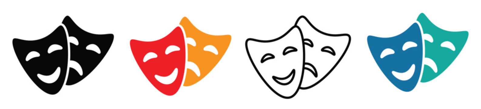 comedy and tragedy theatre mask pairs. smiling and frowning drama faces in black red orange and blue. stage performance mask icons. classic theatrical symbol set
