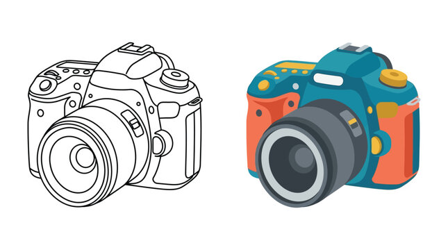 Digital slr camera illustration colorful vector graphic with outlined version