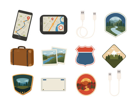 Travel Navigation and Adventure Icon Set with GPS Map Suitcase USB Cable Road Signs and Nature Badges