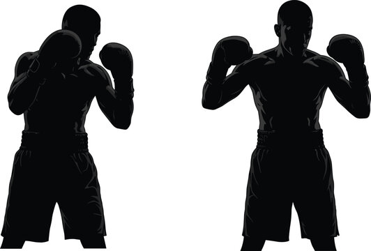 Boxing silhouettes, fighter stance, sparring pose, combat sport, athlete motion, defensive guard, martial training, gym workout, punching action, vector design