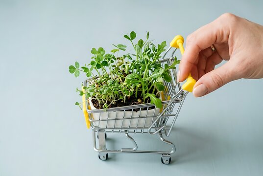 Miniature shopping cart filled with fresh microgreens, held by a hand. Healthy Eating and Organic Farming concept